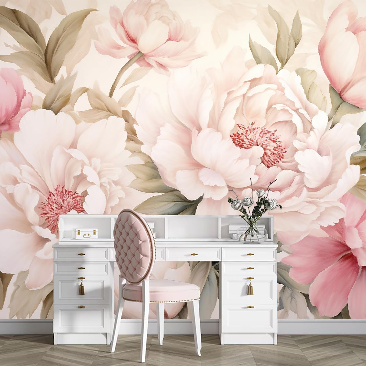 Desk Setup Modern - Elegant Peony Floral Mural Wallpaper Vanity